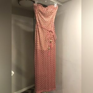 Trac Pink with gold shimmer lace overlay strapless gown leather tie
- size s
